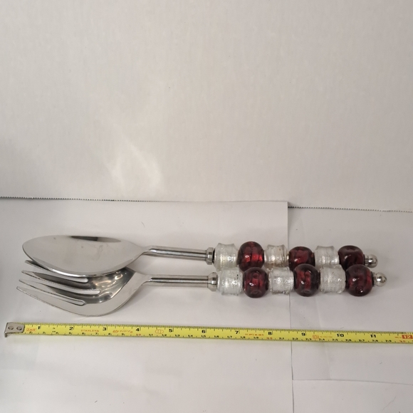 Pampered Chef Red & Silver Beaded Serving Spoon & Fork Holiday Set~Retired - Picture 2 of 7